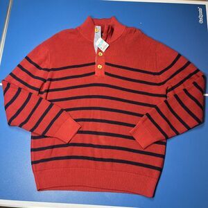 NWT J.McLaughlin Brick Red Navy Blue Stripe Bastian‎ Sweater size M Heavy Knit